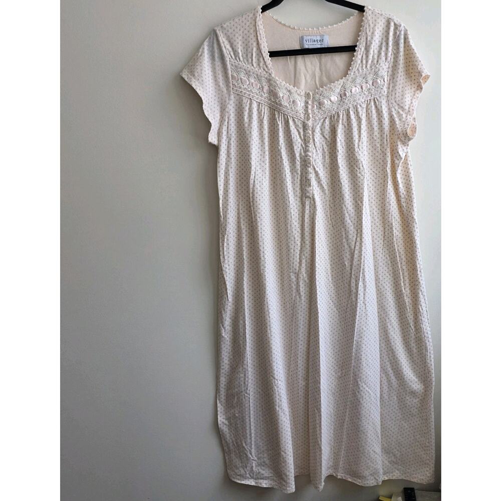 Liz Claiborne Villager Pink Polka Dots Lace Nightgown Cottage Granny Medium Mumu